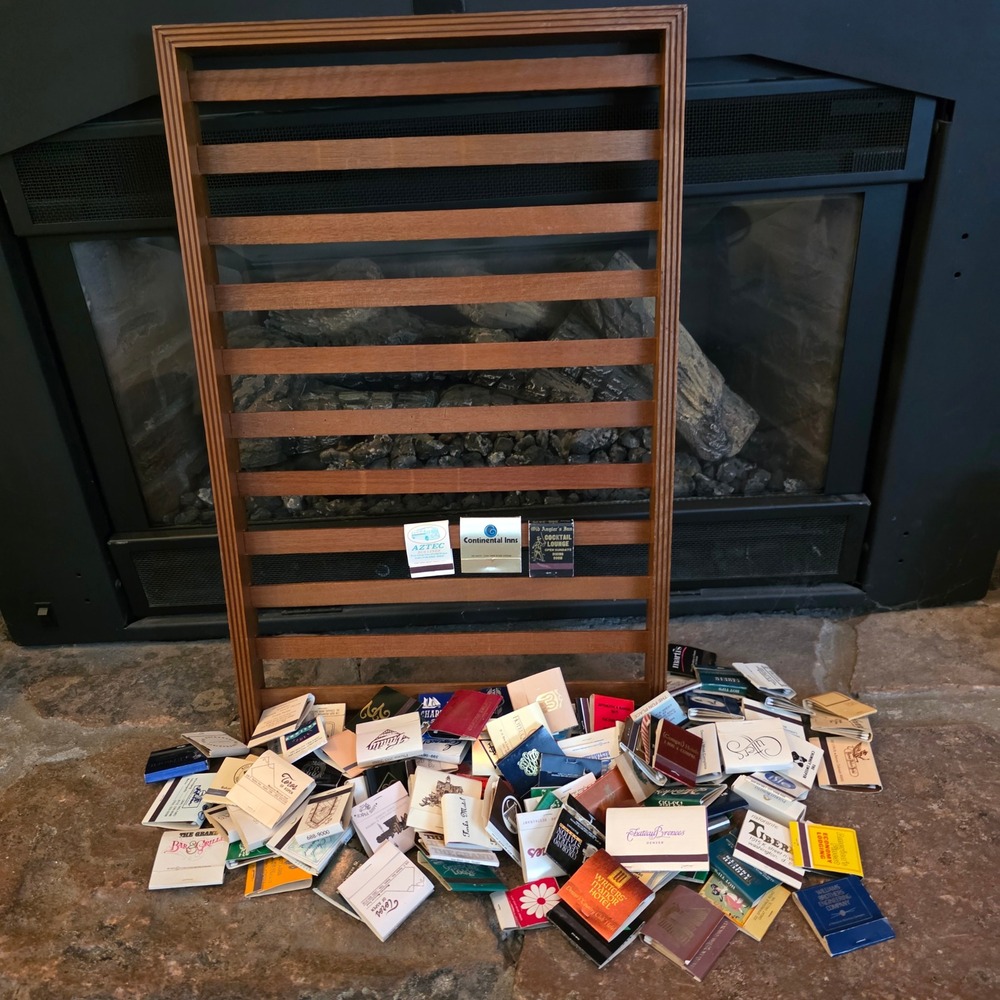 Vintage Wood Matchbook Display Rack Wall Hanging Frame with Matchbook Collection